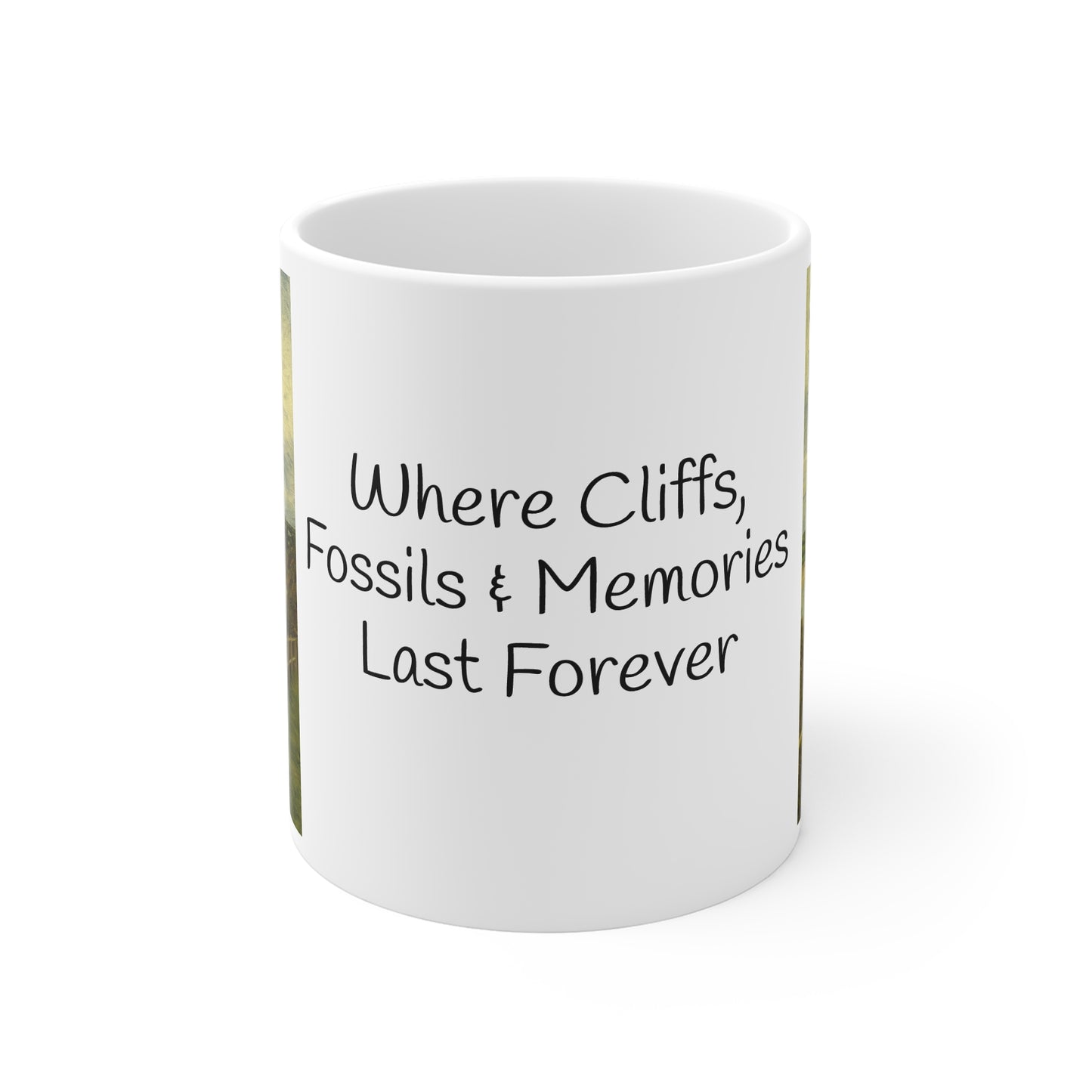 Seaton Memories Mug | 11oz White Ceramic Mug with Cliffs and Fossils Design