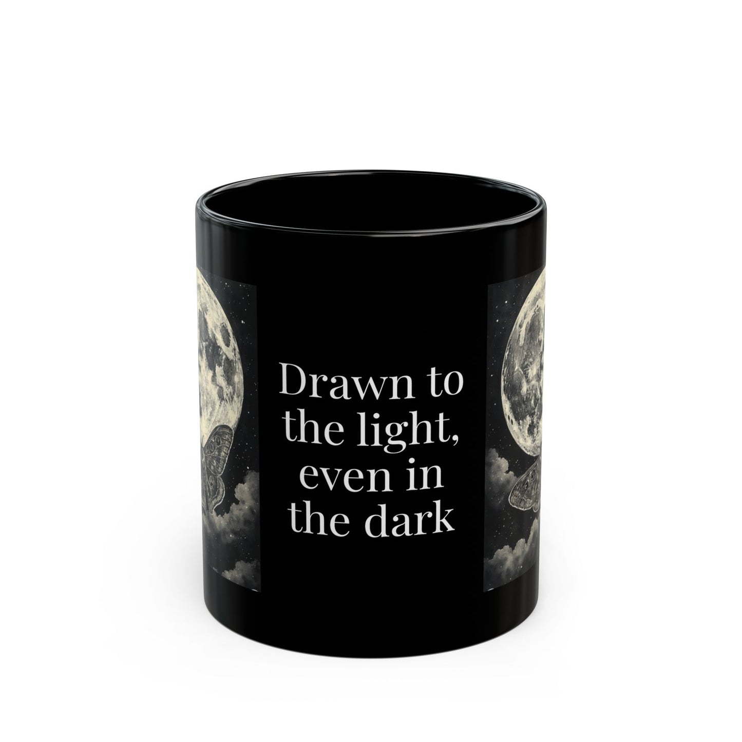 Lunar Moth Moon Inspirational Black 110z ceramic Mug,  Coffee Cup, Witchy Kitchen Décor