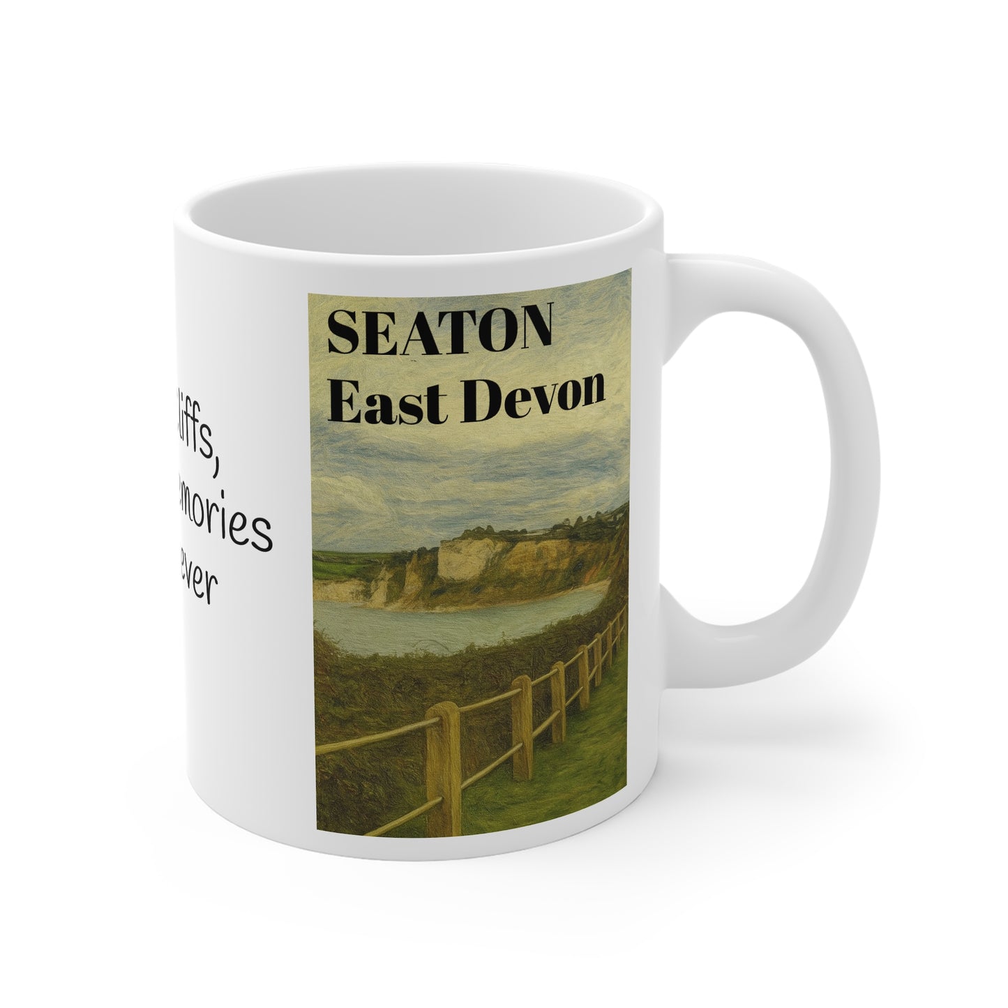 Seaton Memories Mug | 11oz White Ceramic Mug with Cliffs and Fossils Design