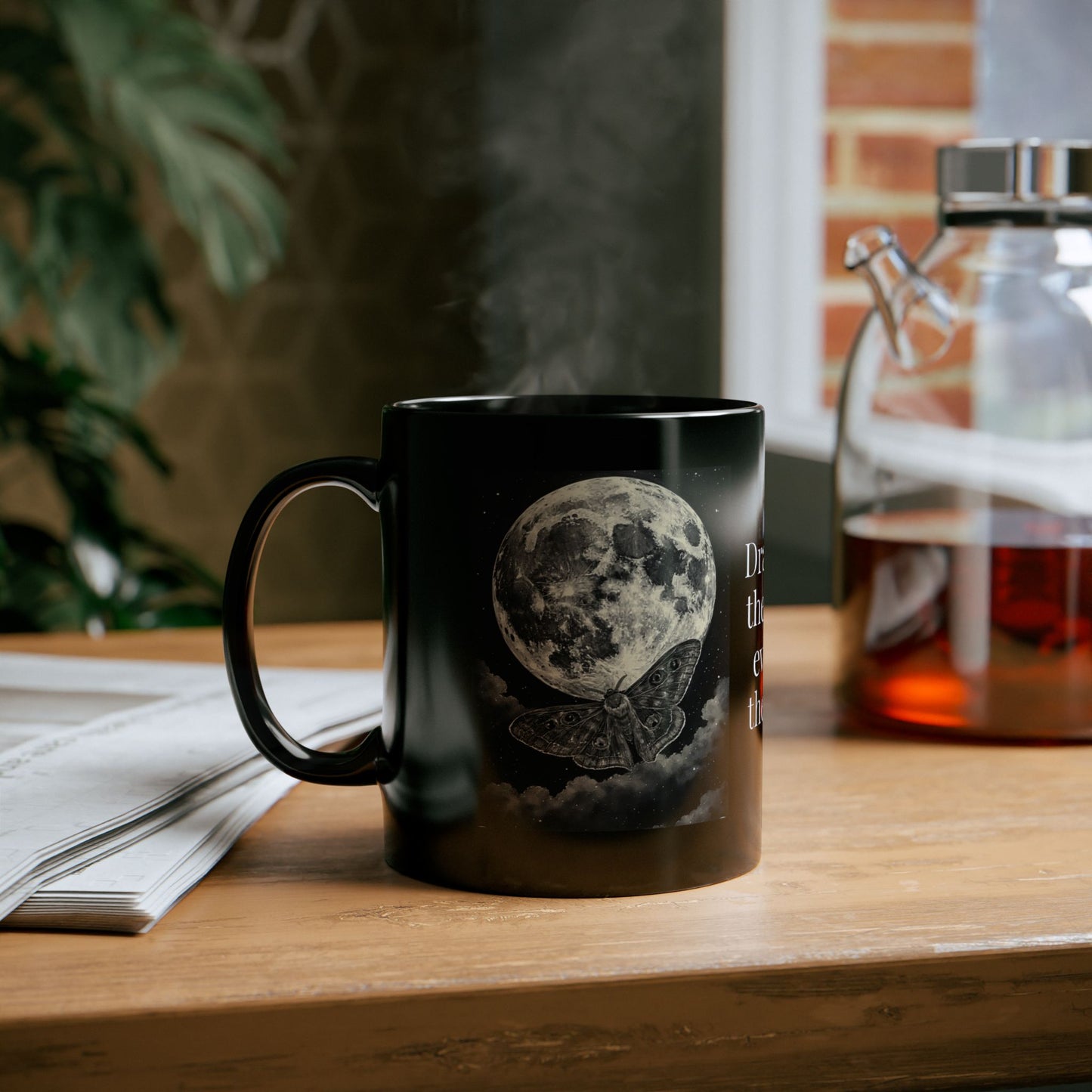 Lunar Moth Moon Inspirational Black 110z ceramic Mug,  Coffee Cup, Witchy Kitchen Décor