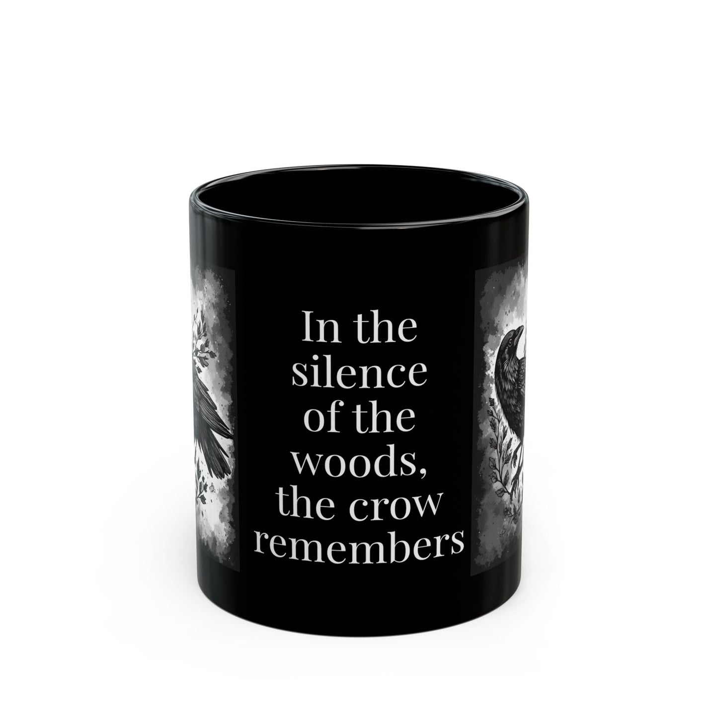 Black Crow Spirit black ceramic 11oz Mug - In the Silence of the Woods, Perfect for Nature Lovers, Gift for Halloween, Home Decor