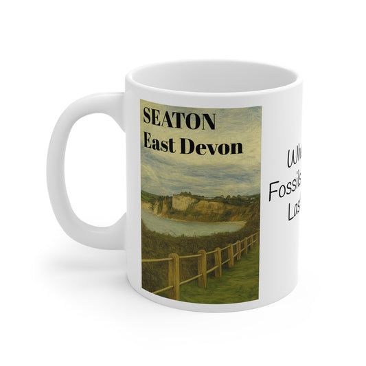 Seaton Memories Mug | 11oz White Ceramic Mug with Cliffs and Fossils Design